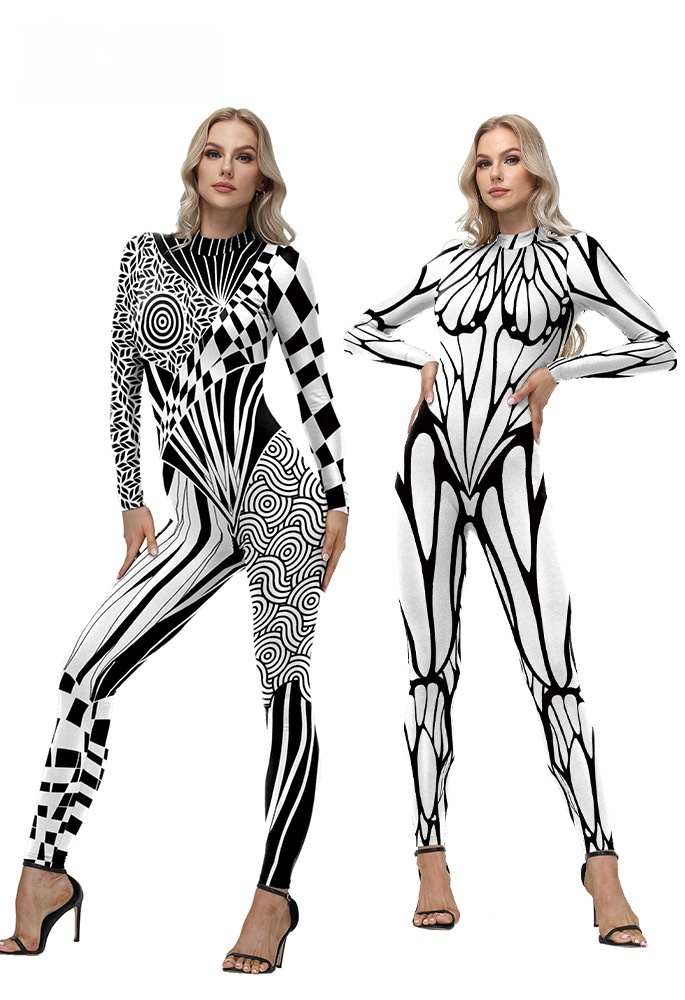 Women Long Sleeve Skinny Jumpsuit - Abstract Geometric Full Print Bodysuit